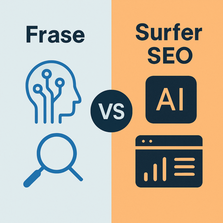 Digital illustration comparing Frase and Surfer SEO for smarter content planning in 2025