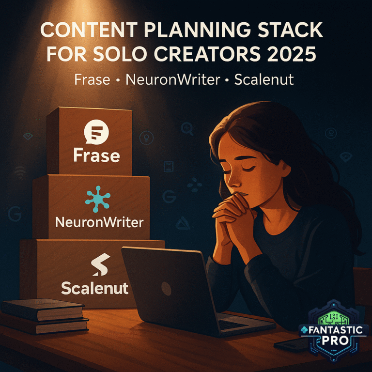 A solo female creator praying at her desk with a glowing content planning stack for solo creators 2025 – Frase, NeuronWriter, Scalenut – guided by God’s presence